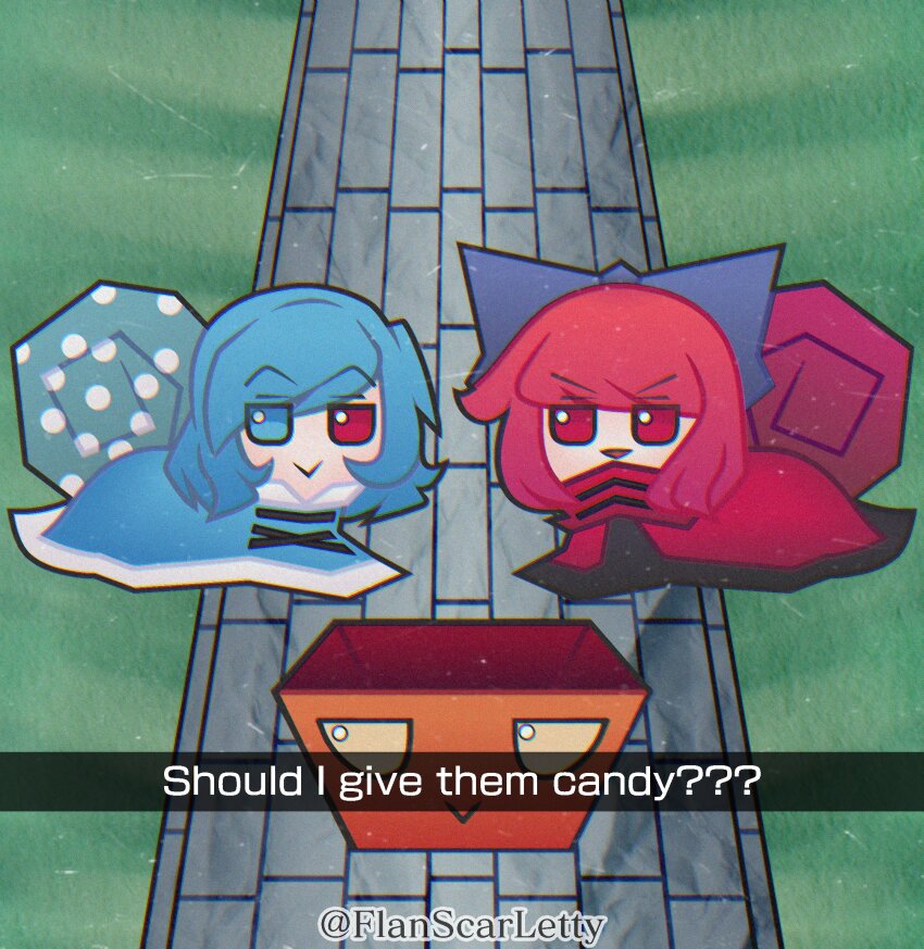 2girls :&gt; blue_bow blue_eyes blue_hair bow cloak closed_mouth commentary english_commentary english_text flanscarletty full_body fumo_(doll) hair_bow heterochromia highres looking_at_viewer multiple_girls open_mouth red_cloak red_eyes red_hair sekibanki short_hair smile snail_girl snapchat tatara_kogasa touhou v-shaped_eyebrows
