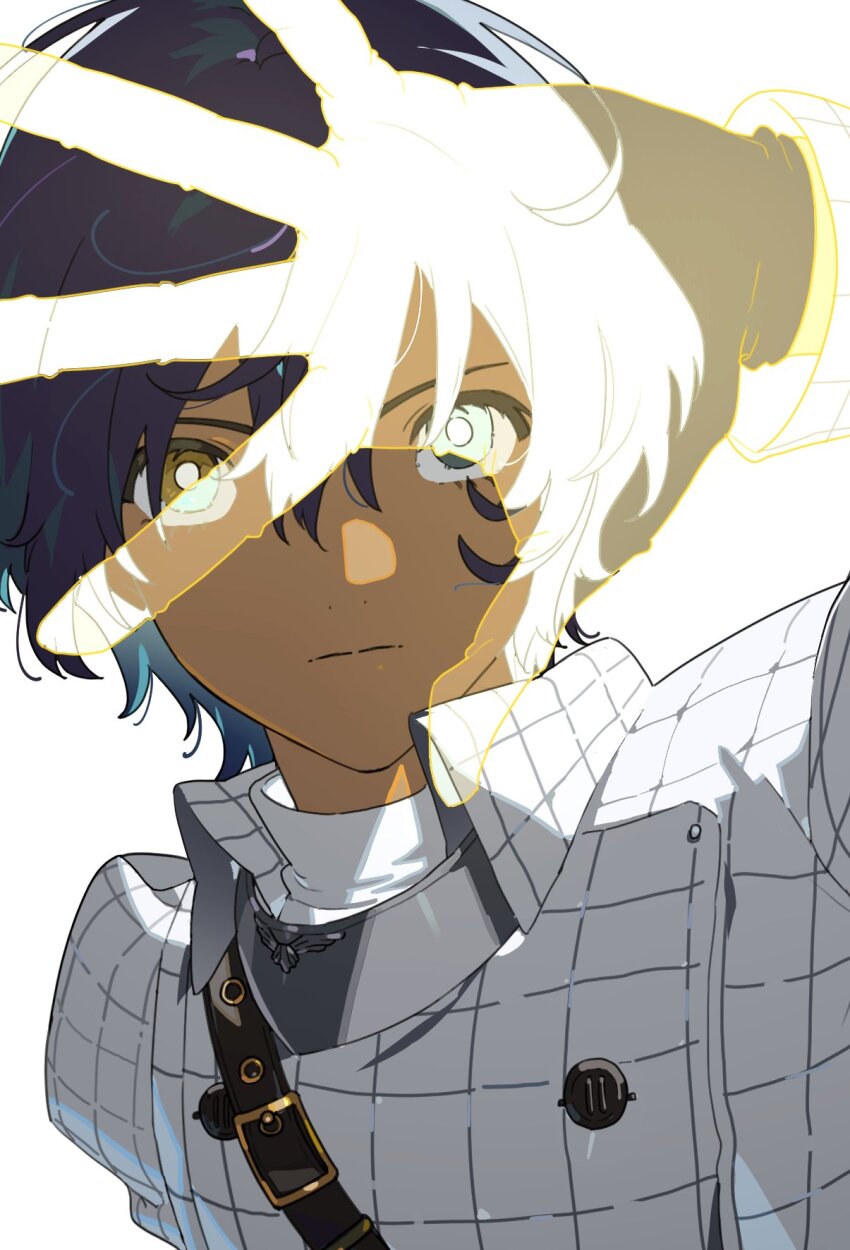 1boy blue_eyes blue_hair buttons closed_mouth coat covering_head dark_skin double-breasted hand_up heterochromia highres looking_at_viewer metaphor:_refantazio oxnxgolfqt76300 patterned_clothing protagonist_(metaphor:_refantazio) see-through_body short_hair upper_body white_background white_coat yellow_eyes