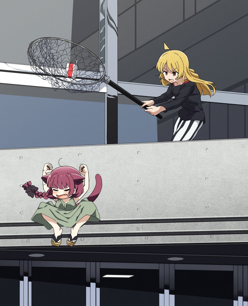 2girls absurdres animal_ears arms_up black_shirt blonde_hair bocchi_the_rock! cat_ears cat_tail closed_eyes commentary dress falling fang frown geta goumonsha green_dress highres hiroi_kikuri holding_net ijichi_seika jumping kemonomimi_mode legs_up long_sleeves looking_at_another medium_dress multiple_girls net outdoors pants purple_hair red_eyes shirt sleeveless sleeveless_dress standing striped_clothes striped_pants t-shirt tail vertical-striped_clothes vertical-striped_pants white_pants