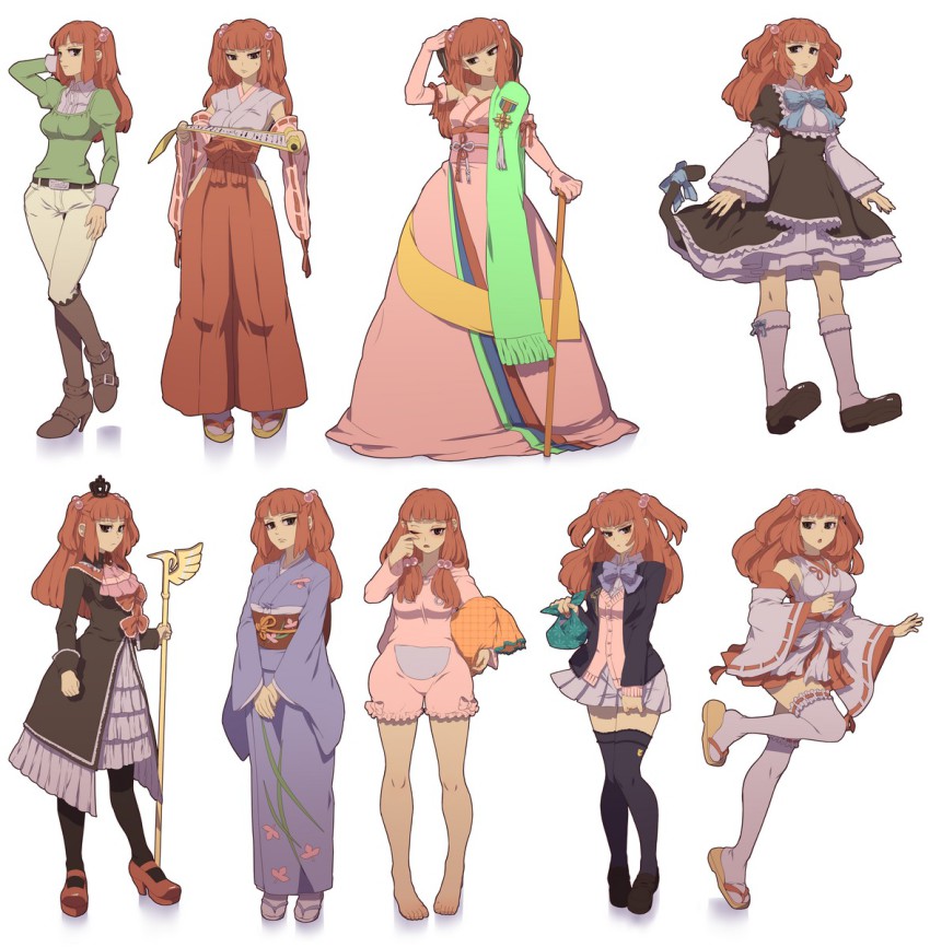 07th_expansion 1girl alternate_costume bare_shoulders barefoot bento black_socks black_thighhighs blue_eyes boots bow breasts cat_tail cosplay crown curvy detached_sleeves dress elbow_gloves fashion featherine_augustus_aurora featherine_augustus_aurora_(cosplay) frederica_bernkastel frederica_bernkastel_(cosplay) frilled_kneehighs frills gloves green_shirt hair_bobbles hair_ornament hanyuu hanyuu_(cosplay) highres higurashi_no_naku_koro_ni hip_focus hip_vent horns japanese_clothes kimono kneehighs large_breasts loafers maria_(umineko) maria_(umineko)_(cosplay) mary_janes medal miko niso no_naku_koro_ni_(series) obi pajamas pantyhose pillow pleated_skirt red_hair sandals sash scarf scroll shirt shoes simple_background skirt socks staff sumadera_kasumi sumadera_kasumi_(cosplay) sweater tail thighhighs umineko_no_naku_koro_ni ushiromiya_ange ushiromiya_eva ushiromiya_eva_(cosplay) ushiromiya_maria white_socks white_thighhighs wide_hips zettai_ryouiki