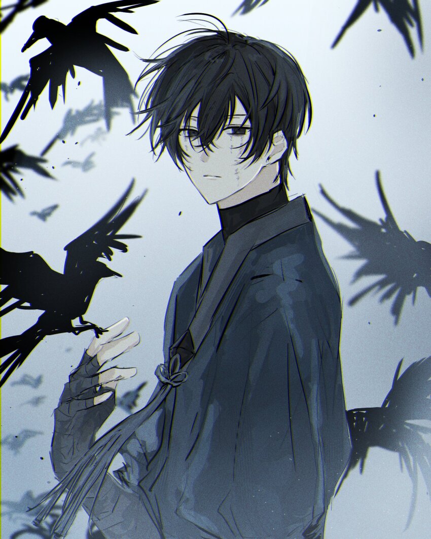 1boy bandaged_arm bandages bird black_eyes black_gloves black_hair black_robe black_shirt crow dirty dirty_face e.g.o_(project_moon) fingerless_gloves gloves highres jugiii12 limbus_company project_moon robe shirt short_hair too_many too_many_birds wishing_cairn_(e.g.o) yi_sang_(project_moon)
