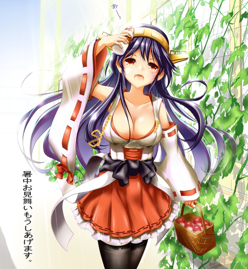 10s 1girl bad_id bad_pixiv_id basket black_hair boots bottle breasts cleavage detached_sleeves female_focus hairband haruna_(kancolle) highres ivy japanese_clothes kantai_collection large_breasts long_hair looking_at_viewer milk_bottle miniskirt nontraditional_miko open_clothes open_mouth red_eyes skirt solo soraneko_(192355) thigh_boots thighhighs wide_sleeves