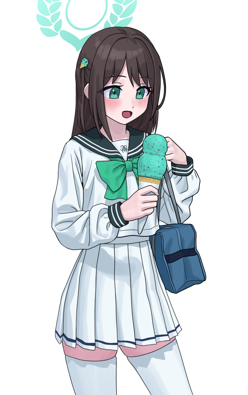 1girl absurdres airi_(blue_archive) bag blue_archive blush bow bowtie brown_hair commentary_request cowboy_shot multiple_scoops food food-themed_hair_ornament green_bow green_bowtie hair_ornament halo highres holding holding_food holding_ice_cream_cone ice_cream ice_cream_cone ice_cream_scoop_(utensil) korean_commentary long_hair long_sleeves mint_chocolate mint_chocolate_(razschi) okokorika pleated_skirt school_bag school_uniform serafuku simple_background skirt smile solo straight_hair thighhighs white_background white_serafuku white_thighhighs zettai_ryouiki