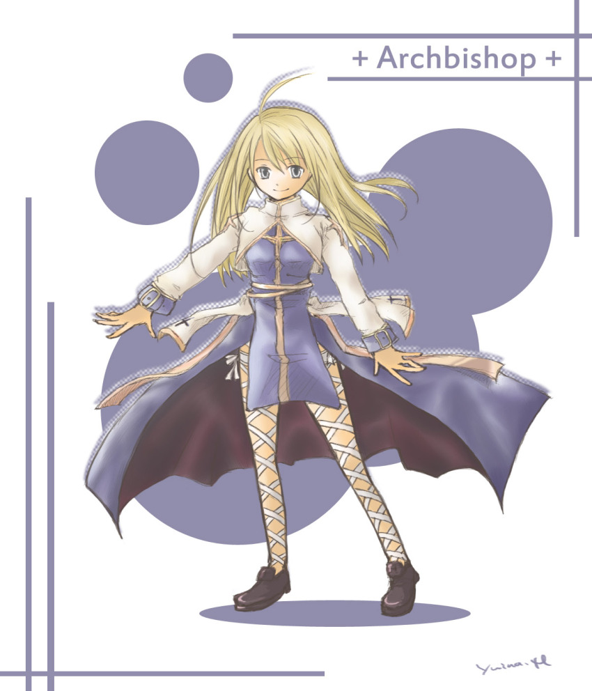 1girl 2000s_(style) arch_bishop_(ragnarok_online) black_shoes blonde_hair blue_dress character_name closed_mouth commentary_request cross dress fishnet_thighhighs fishnets full_body grey_eyes highres loafers long_hair long_sleeves looking_at_viewer prototype_design ragnarok_online sash shoes smile solo standing thighhighs two-tone_dress white_background white_dress white_thighhighs yellow_sash yuina_(yuina_h)