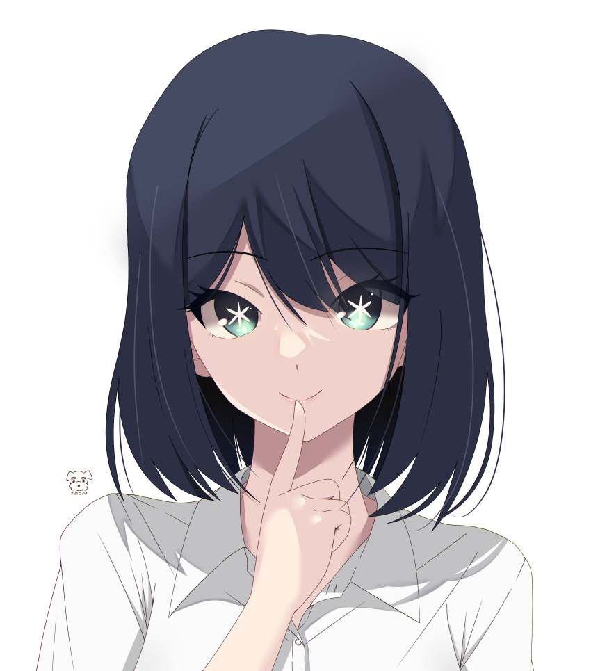 1girl absurdres aqua_eyes blue_hair closed_mouth collared_shirt commentary hair_between_eyes highres index_finger_raised kaon_zz kurokawa_akane medium_hair mismatched_pupils no_neckwear no_pupils oshi_no_ko revision shirt simple_background solo star-shaped_pupils star_(symbol) swept_bangs symbol-shaped_pupils upper_body white_background white_shirt