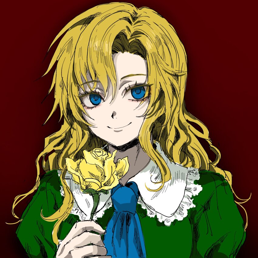 1girl absurdres ascot blonde_hair blue_ascot blue_eyes commentary_request dress flower green_dress highres holding holding_flower ib_(kouri) kuya_(hey36253625) long_hair looking_at_viewer mary_(ib) pale_skin red_background rose smile solo yellow_flower yellow_rose