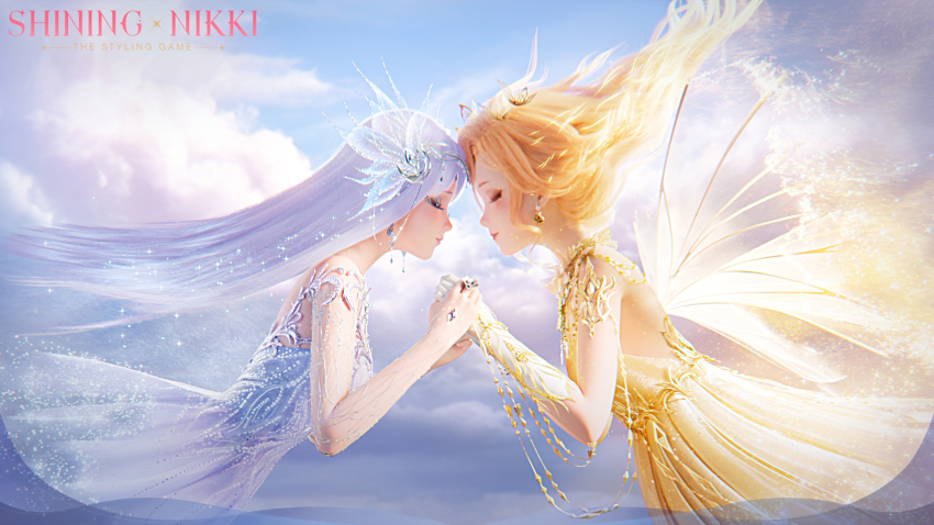 2girls 3d blonde_hair blush closed_eyes cloud commentary copyright_name day dress earrings english_commentary fairy_wings flying gloves highres holding_hands jewelry lips long_hair makeup multiple_girls necklace nikki_(series) official_art ring shining_nikki tiara white_dress white_gloves white_hair wind wings yellow_dress