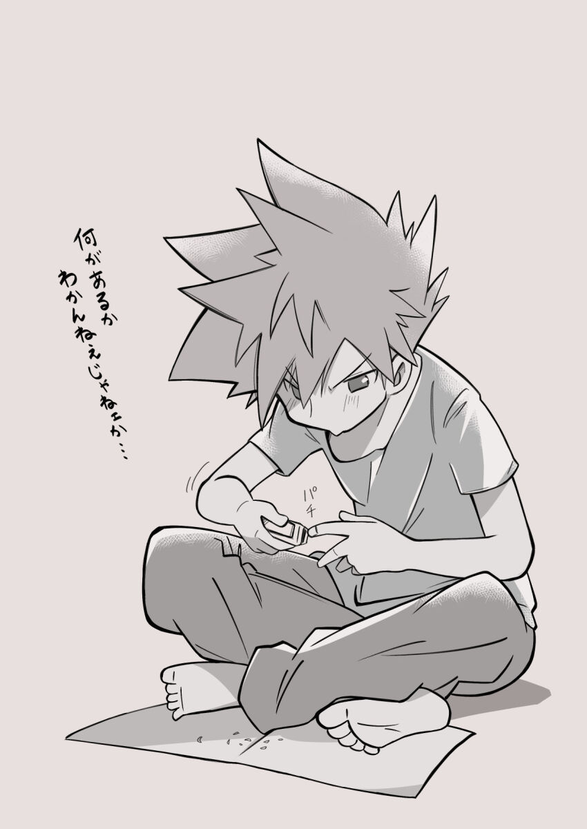 1boy applying_manicure barefoot blue_oak blush clipping_nails full_body greyscale highres male_focus monochrome nail_clippers nintendo pants pokemon pokemon_rgby rascal_(feuille) short_hair short_sleeves simple_background sitting solo spiked_hair translation_request