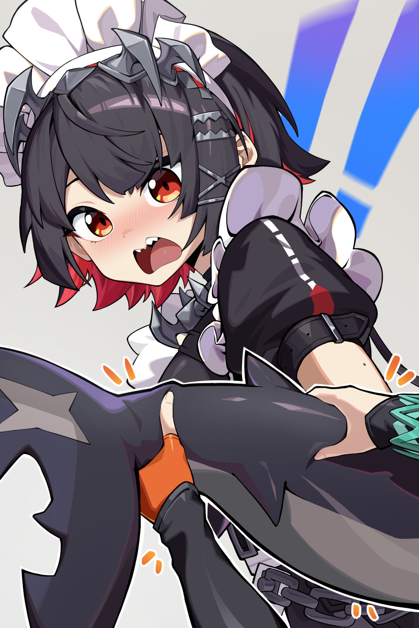 ! !! 2girls absurdres belle_(zenless_zone_zero) black_dress black_hair blush dress ellen_joe fingerless_gloves fins fish_tail flustered gloves grabbing_another&#039;s_tail guli_(guli0572) highres looking_at_viewer maid maid_headdress multiple_girls red_eyes shark_girl shark_tail sharp_teeth solo_focus tail teeth upper_body zenless_zone_zero