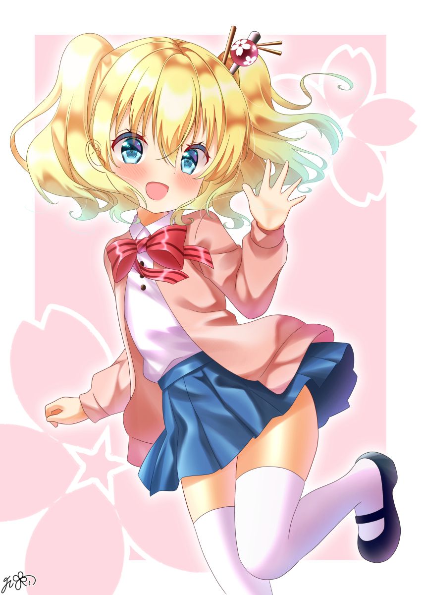 1girl absurdres alice_cartelet blonde_hair blue_eyes blue_skirt blush bow dot_nose female_focus flower hair_between_eyes hair_ornament highres kin-iro_mosaic looking_at_viewer open_clothes open_mouth open_sweater pink_sweater school_uniform serafuku shirt shirt_tucked_in skirt solo standing standing_on_one_leg sweater thighhighs white_shirt white_thighhighs yoshi_no_i