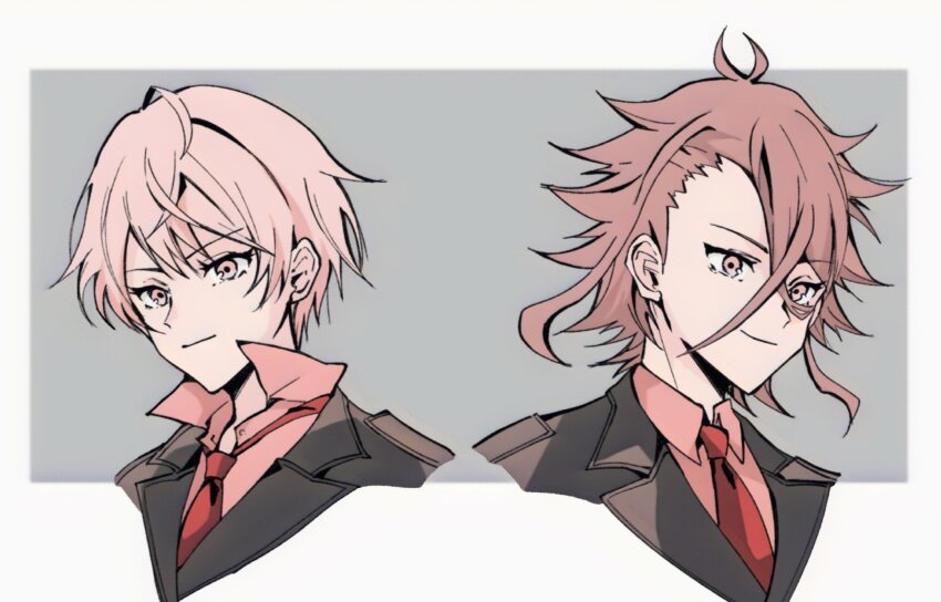 1boy 1girl ahoge antenna_hair closed_mouth fire_emblem fire_emblem_engage hair_between_eyes highres light_smile looking_at_viewer looking_to_the_side merrin_(fire_emblem) necktie nintendo oda32t pandreo_(fire_emblem)