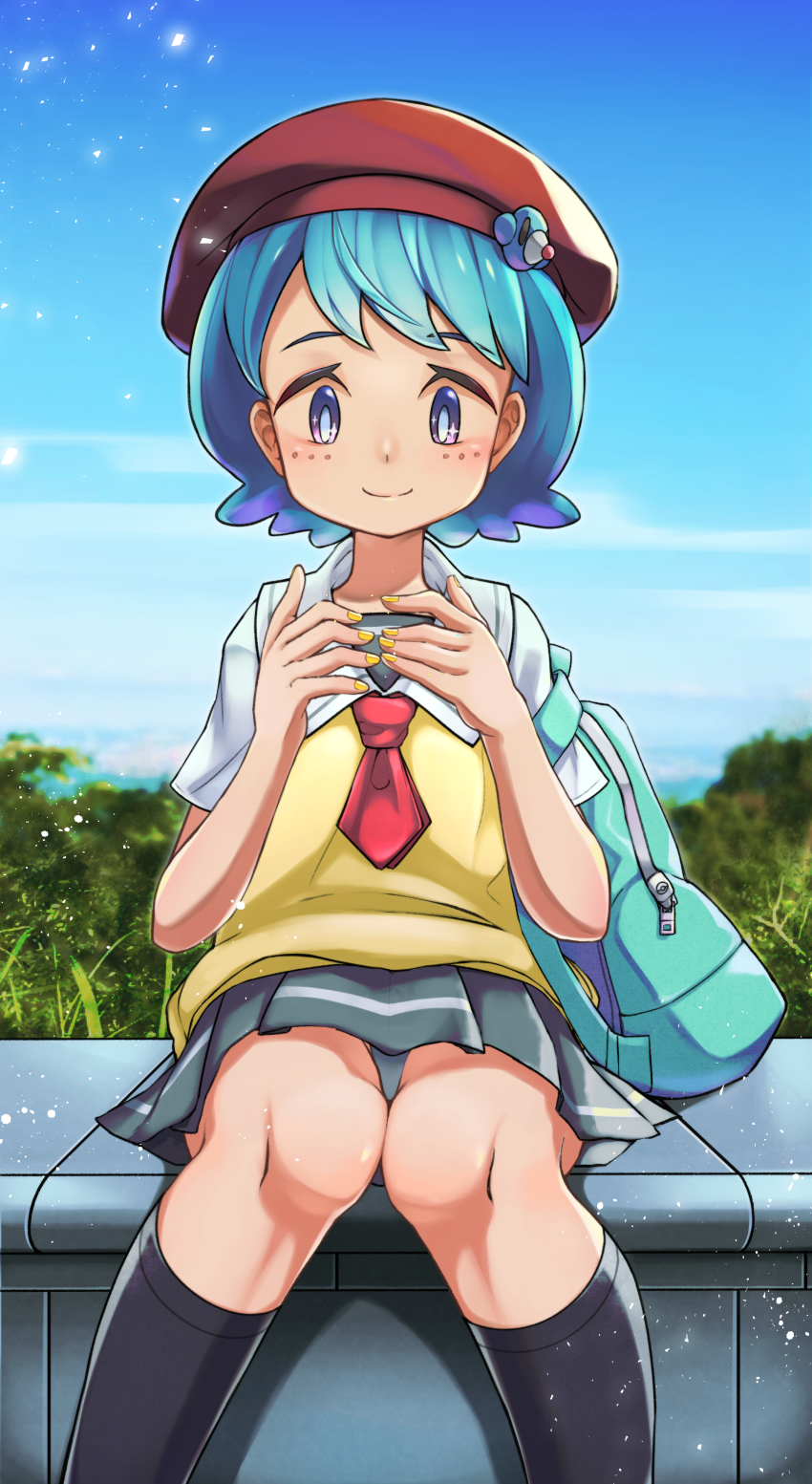 1girl absurdres alternate_costume backpack bag beret big_anteater black_socks blue_eyes blue_hair blue_sky blush collared_shirt creatures_(company) day feet_out_of_frame game_freak gen_7_pokemon grass grey_skirt hat highres lana_(pokemon) nail_polish necktie nintendo outdoors plant pleated_skirt pokemon pokemon_(anime) pokemon_sm113 pokemon_sm_(anime) popplio red_hat red_necktie school_uniform shirt short_sleeves sitting skirt sky smile socks solo vest white_shirt yellow_nails yellow_vest