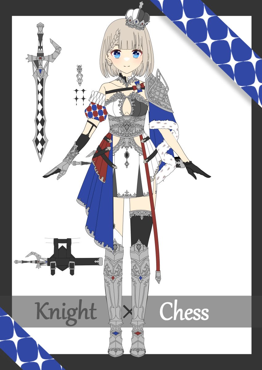 1girl a-pose absurdres armor asymmetrical_gloves asymmetrical_legwear black_gloves blonde_hair blue_eyes braid breasts brown_dust_(series) brown_dust_2 cape cleavage closed_mouth crown dress english_text eyebrows_hidden_by_hair full_body fur-trimmed_cape fur_trim gauntlets gloves greaves highres justia_(brown_dust) light_blush looking_at_viewer mini_crown p0137ca shoulder_pads simple_background small_breasts smile solo sword weapon white_background white_dress