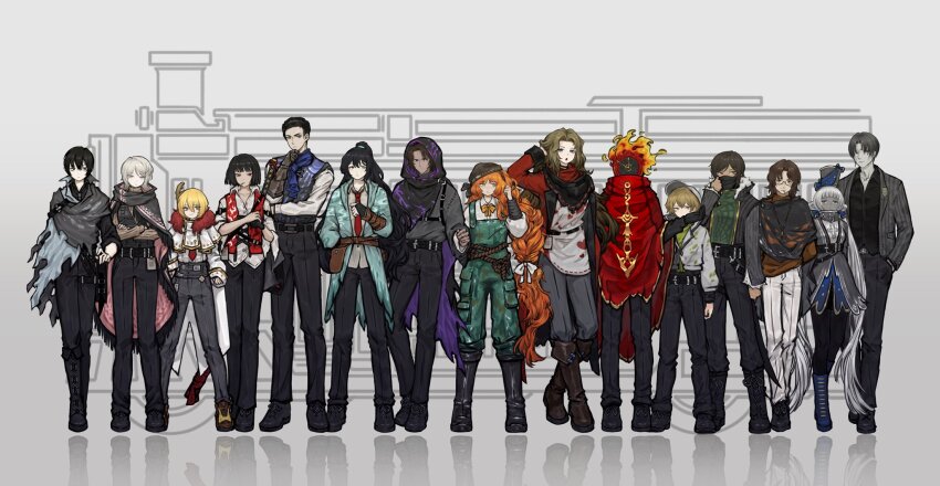 1other 6+boys 6+girls belt black_belt black_cloak black_footwear black_gloves black_hood black_jacket black_pants black_scarf black_vest blonde_hair blue_footwear blue_jacket boots bow bowtie braid cape charon_(project_moon) cloak closed_mouth collared_shirt dante_(limbus_company) don_quixote_(project_moon) dress faust_(project_moon) full_body gauntlets gloves green_overalls gregor_(project_moon) grey_dress grey_hair grey_pants heathcliff_(project_moon) highres hong_lu_(project_moon) ishmael_(project_moon) jacket limbus_company long_hair long_sleeves low_twintails mephistopheles_(project_moon) meursault_(project_moon) multiple_boys multiple_girls necktie orange_hair outis_(project_moon) overalls pants project_moon red_cape red_necktie red_vest rodion_(project_moon) rubber_boots ryoshu_(project_moon) scarf shan23852196 shirt short_hair sinclair_(project_moon) smile twintails vergilius_(project_moon) very_long_hair vest white_jacket white_shirt yellow_bow yellow_bowtie yellow_eyes yi_sang_(project_moon)
