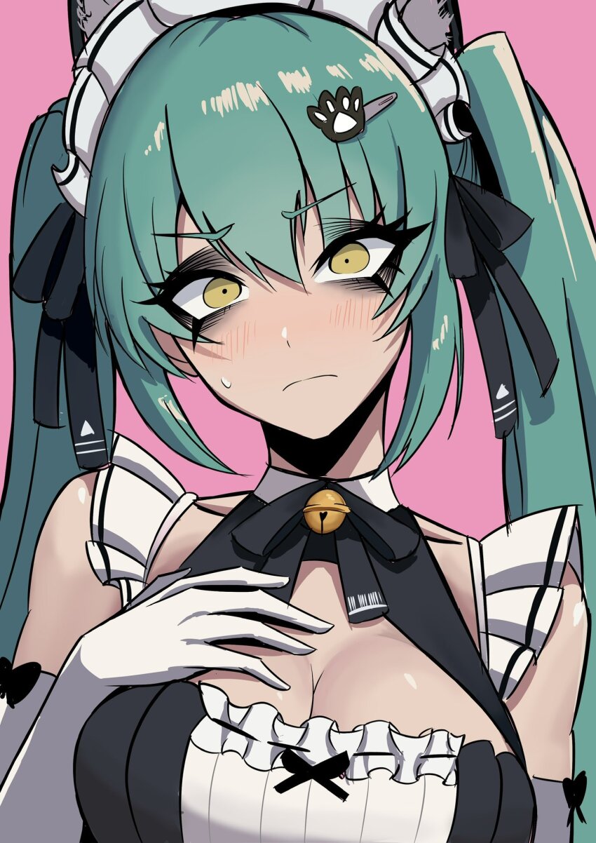 1girl animal_ear_fluff animal_ears apron bell blue_hair blush breasts cat_ears cleavage closed_mouth elbow_gloves eyelashes frills gloves goddess_of_victory:_nikke hair_between_eyes hair_ornament hairband hairpin hand_on_own_chest highres jingle_bell large_breasts long_hair looking_at_viewer maid maid_apron maid_for_you_(nikke) maid_headdress nagainegi neck_bell pink_background privaty_(nikke) privaty_(unkind_maid)_(nikke) ribbon simple_background small_sweatdrop solo twintails unconventional_maid white_gloves yellow_eyes