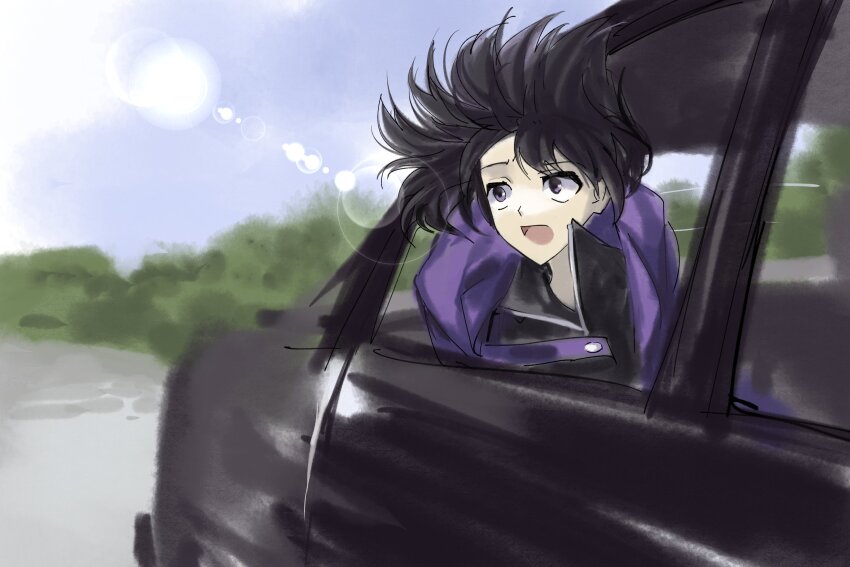 1other androgynous black_hair black_shirt blue_sky bush buttons car chinese_commentary collared_shirt commentary commentary_request constricted_pupils detached_hood english_commentary floating_clothes floating_hair happy high_collar highres hood hood_down hooded_jacket jacket len&#039;en looking_outside mixed-language_commentary motor_vehicle no_headwear open_clothes open_jacket open_mouth other_focus purple_eyes purple_jacket road shirt shitodo_kuroji short_hair sky smile solo street sun upper_body yancao_(pixiv_103434280) zipper