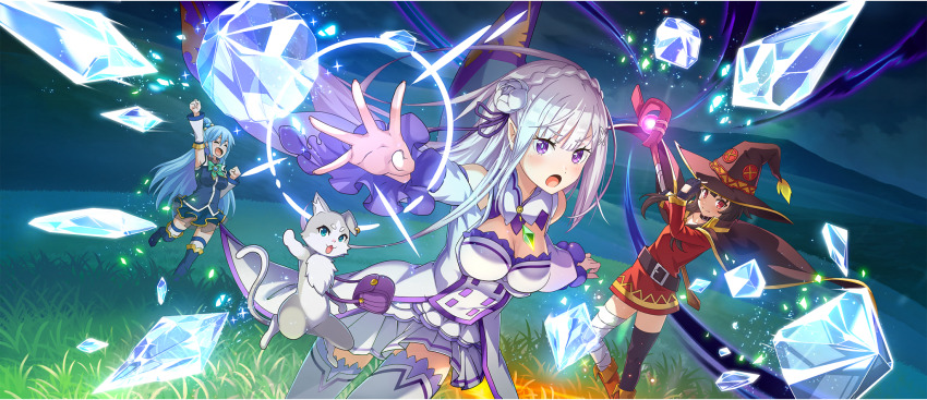 3girls aqua_(konosuba) aqua_eyes arm_up bag bandaged_leg bandages bare_shoulders belt belt_buckle belt_collar black_cloak black_gloves black_hat black_thighhighs blue_boots blue_hair blue_pupils blue_shirt blue_skirt blunt_bangs boots bow bowtie braid breasts brown_belt brown_hair buckle casting_spell cleavage cleavage_cutout clenched_hands cloak closed_eyes clothing_cutout collar collarbone crossover crown_braid cryokinesis detached_sleeves dress elf emilia_(re:zero) fingerless_gloves flower frilled_sleeves frills game_cg gem gloves grass green_bow green_bowtie green_gemstone grey_hair hair_flower hair_ornament hair_ribbon hair_rings hat high-low_dress highres holding holding_staff kono_subarashii_sekai_ni_shukufuku_wo! konosuba!_fantastic_days landscape leaning_forward leg_up light_blush long_hair long_sleeves looking_at_viewer low-tied_long_hair mage_staff magic medium_breasts megumin miniskirt multiple_girls off-shoulder_dress off_shoulder official_art open_mouth outdoors outstretched_arm pleated_skirt pointy_ears puck_(re:zero) purple_eyes purple_ribbon re:zero_kara_hajimeru_isekai_seikatsu red_dress red_eyes ribbon rose shirt short_dress short_hair short_hair_with_long_locks shoulder_bag sidelocks single_hair_ring single_thighhigh skirt skirt_under_dress sleeveless sleeveless_shirt small_breasts spirit staff standing standing_on_one_leg thigh_boots thighhighs v-shaped_eyebrows white_boots white_dress white_flower white_rose white_skirt white_sleeves white_thighhighs wide_sleeves witch_hat x_hair_ornament zettai_ryouiki