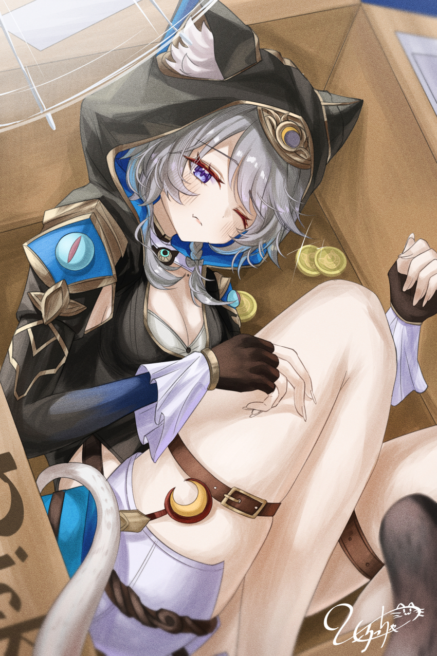 1girl animal_ear_fluff animal_ears animal_hood belt black_gloves black_leotard blue_eyes box breasts cardboard_box cat_ears cat_girl cat_hood cat_tail cipher_(honkai:_star_rail) cleavage coin commentary_request fingerless_gloves gloves gold_coin grey_hair highres honkai:_star_rail honkai_(series) hood leotard medium_breasts morocha1130 one_eye_closed short_hair_with_long_locks shorts signature solo tail thigh_belt thigh_strap thighs white_shorts