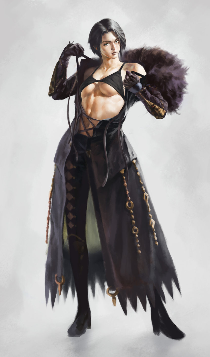 1girl abs absurdres black_bra black_coat black_gloves black_hair black_pants blue_eyes boots bra breasts coat collarbone commentary cowboy_shot dressing english_commentary expressionless final_fantasy final_fantasy_xiv formtheheadcom full_body fur-trimmed_coat fur-trimmed_hood fur_trim gloves highres hood looking_at_viewer medium_breasts midriff muscular muscular_female navel open_clothes open_coat pants realistic reaper_(final_fantasy) short_hair simple_background solo standing strap_pull underboob underwear white_background zero_(ff14)