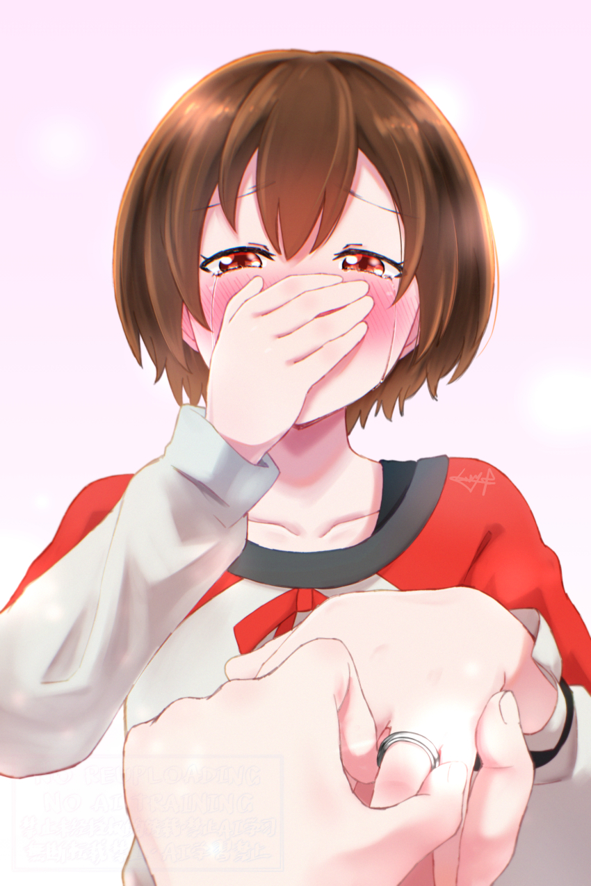 2girls absurdres blush brown_hair collarbone commentary_request covering_own_mouth cowboy_shot crying crying_with_eyes_open gradient_background highres jewelry kouzuki_mahiru long_sleeves looking_at_viewer marriage_proposal multiple_girls mutsuki_(mutsuki0110) pink_background red_eyes ring short_hair sweater tears upper_body watermark wedding_ring white_sweater wife_and_wife yamanouchi_kano yoru_no_kurage_wa_oyogenai yuri