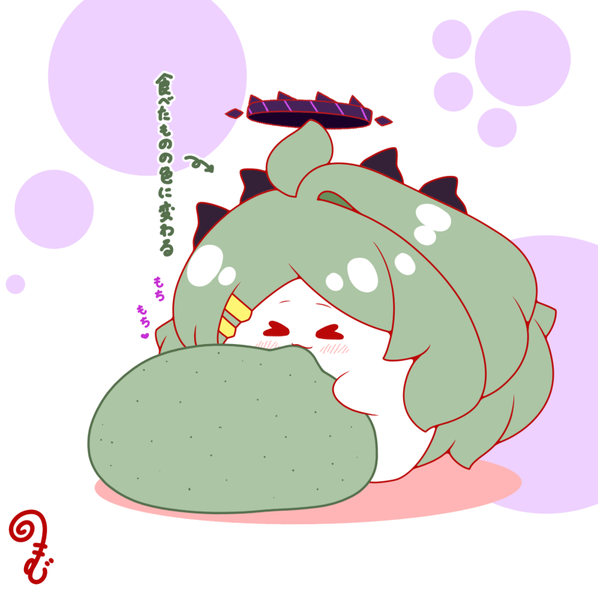&gt;_&lt; ahoge alternate_hair_color arrow_(symbol) blue_archive blush chibi closed_eyes closed_mouth colored_shadow eating facing_viewer food food_request green_hair hair_ornament hairclip halo highres hina_(blue_archive) horns kurukurumagical long_hair parted_bangs shadow single_hair_intake solo standing translation_request very_long_hair white_background