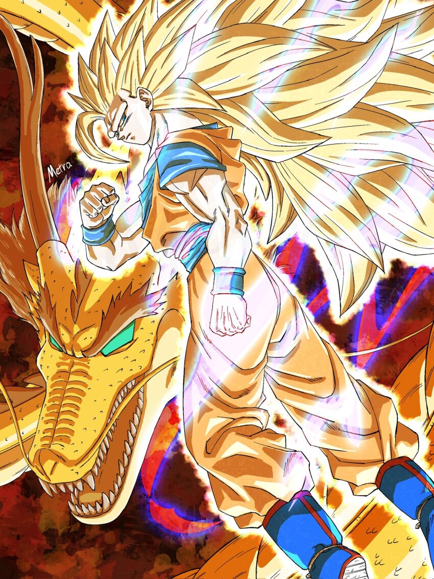 1boy artist_name blonde_hair blue_boots blue_sash blue_shirt blue_wrist_cuffs boots dragon dragon_ball dragonball_z green_eyes highres long_hair male_focus no_eyebrows orange_pants orange_shirt pants sash shirt solo_focus son_goku spiked_hair super_saiyan super_saiyan_3 wrist_cuffs yamuchasiyagatte