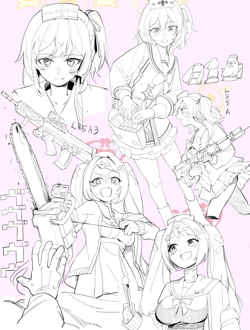 1other 3girls assault_rifle blue_archive blush boots breasts bullpup cardigan chainsaw closed_mouth dress fang gun halo hanae_(blue_archive) hat highres holding holding_chainsaw l85 large_breasts long_hair long_sleeves medium_hair mine_(blue_archive) multiple_girls nurse_cap one_side_up open_cardigan open_clothes open_mouth pink_background pink_halo rifle sailor_collar serina_(blue_archive) simple_background skin_fang smile twintails umiwashi weapon yellow_halo
