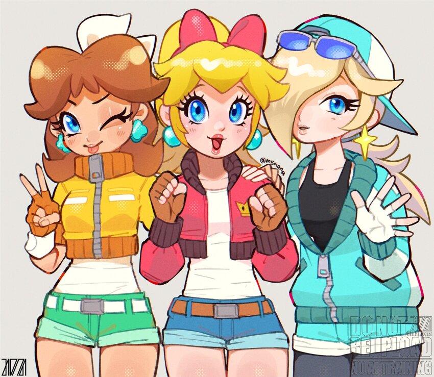 3girls :d ;p backwards_hat black_shirt blonde_hair blue_eyes blue_jacket blue_shorts bow brown_gloves brown_hair cropped_jacket earrings eyelashes eyewear_on_head fingerless_gloves gloves green_shorts hair_bow hair_over_one_eye hat highres jacket jewelry long_hair long_sleeves looking_at_viewer m516 mario_(series) mario_kart mario_kart_world multiple_girls nintendo official_alternate_costume one_eye_closed open_clothes open_jacket open_mouth pantyhose partially_open_jacket ponytail princess_daisy princess_daisy_(touring) princess_peach princess_peach_(touring) red_jacket rosalina rosalina_(touring) shirt shorts smile sunglasses tongue tongue_out v white_gloves white_shirt yellow_jacket zipper_pull_tab