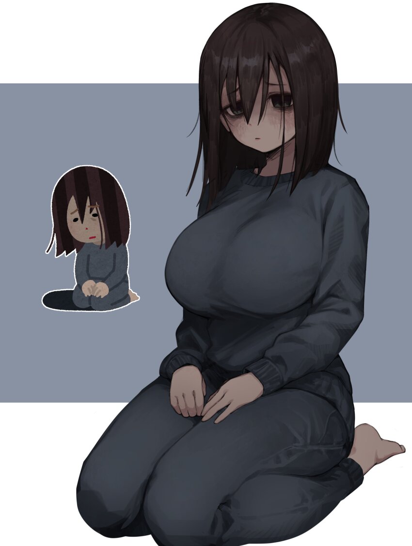 1girl absurdres barefoot black_hair breasts depressed expressionless green_eyes hair_between_eyes highres irasutoya irasutoya_challenge large_breasts medium_hair mojyo original pajamas seiza sitting yeun