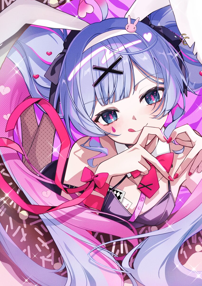 1girl absurdres animal_ears bare_shoulders black_leotard blue_eyes blue_hair blush bow bowtie detached_collar fake_animal_ears hair_ornament hatsune_miku highres leotard looking_at_viewer nagitofuu open_mouth pantyhose purple_hair rabbit_ears rabbit_hole_(vocaloid) ribbon smile solo teardrop_facial_mark twintails vocaloid x_hair_ornament