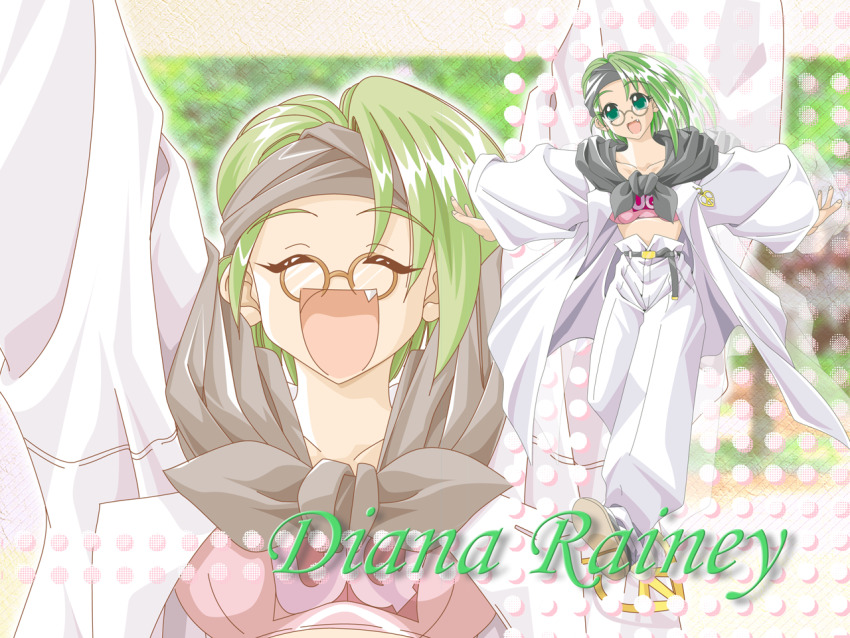 1girl arm_up arms_up atelier-moo belt black_cape black_headband breasts cape character_name closed_eyes collarbone diana_rainey fang full_body glasses green_eyes green_hair headband lab_coat long_sleeves looking_at_viewer medium_breasts medium_hair open_clothes open_mouth outstretched_arms polka_dot shirt shoes smile solo standing upper_body wide_sleeves yuukyuu_gensoukyoku