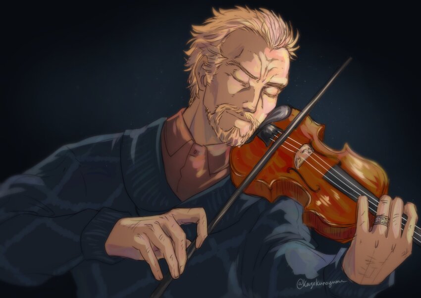 1boy askeladd black_background black_sweater blonde_hair bow_(music) closed_eyes collared_shirt facial_hair goatee highres holding holding_bow_(music) holding_instrument holding_violin instrument jewelry kaizokunoyume light_smile male_focus music mustache pink_shirt playing_instrument ring shirt short_hair sweater twitter_username upper_body vinland_saga violin