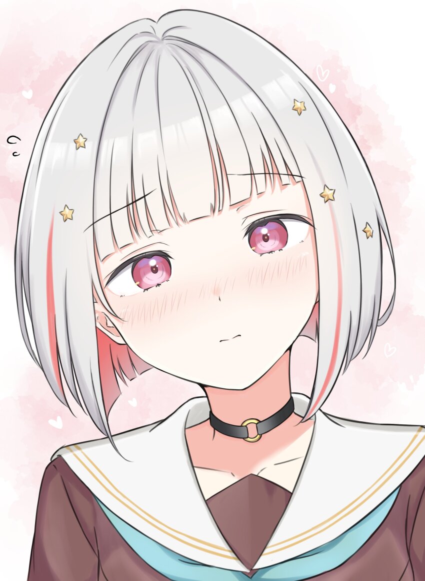 2girls 3: absurdres aqua_neckerchief black_choker blush bob_cut brown_dress choker closed_mouth collarbone colored_inner_hair commentary diagonal_bangs dress flying_sweatdrops frown grey_hair hair_ornament hasu_no_sora_school_uniform heart highres inverted_bob iroha_(nami3) link!_like!_love_live! long_sleeves looking_at_viewer love_live! multicolored_hair multiple_girls neckerchief nose_blush o-ring o-ring_choker pink_background pink_eyes portrait red_hair sailor_collar sailor_dress school_uniform short_hair split_mouth star_(symbol) star_hair_ornament streaked_hair symbol-only_commentary virtual_youtuber white_sailor_collar winter_uniform yugiri_tsuzuri