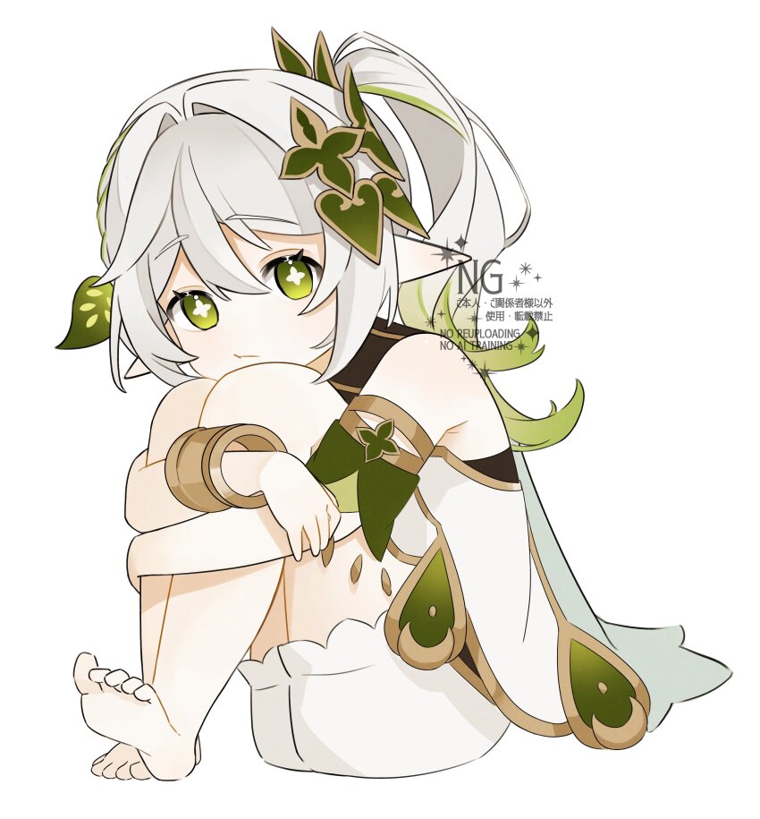 1girl absurdres bare_shoulders barefoot bloomers bracelet cape closed_mouth commentary_request cross-shaped_pupils detached_sleeves dress full_body genshin_impact gold_trim gradient_hair green_eyes green_hair green_sleeves hair_between_eyes hair_intakes hair_ornament highres jewelry kumane_(osakanadonn) leaf_hair_ornament long_hair looking_at_viewer multicolored_hair nahida_(genshin_impact) pointy_ears side_ponytail simple_background sitting sleeveless sleeveless_dress solo symbol-shaped_pupils underwear white_background white_bloomers white_dress white_hair