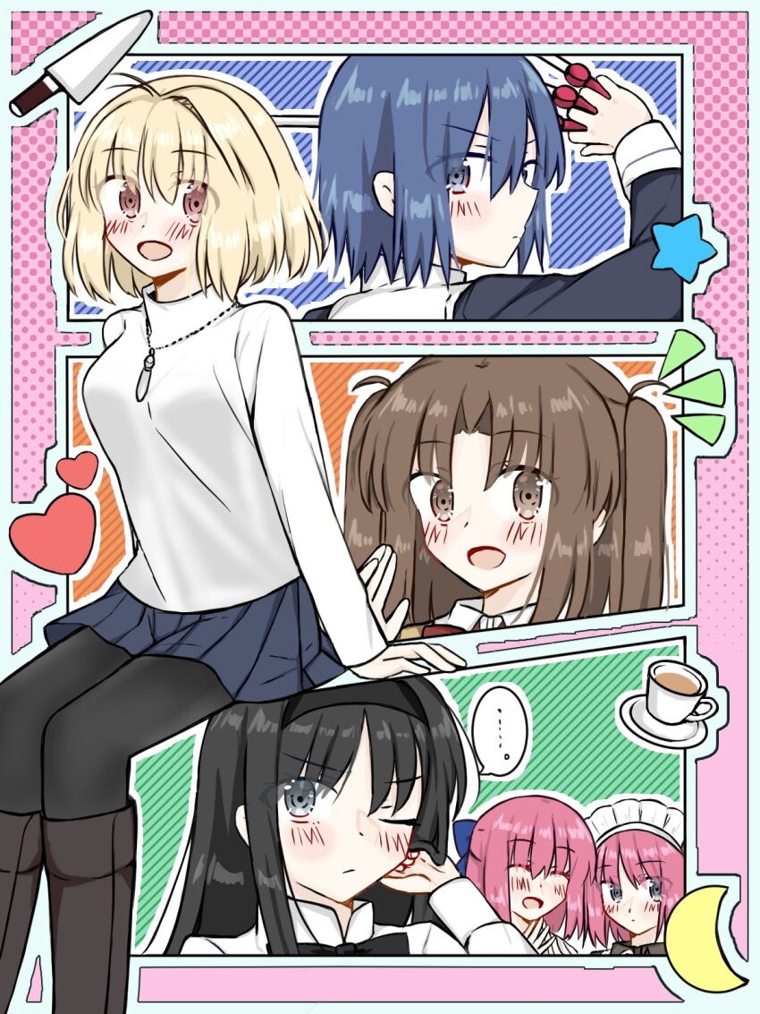 02surume 6+girls :d ahoge arcueid_brunestud black_eyes black_hair black_keys_(type-moon) black_pantyhose blonde_hair blue_bow blue_eyes blue_hair blush bow breasts brown_eyes brown_hair ciel_(tsukihime) closed_eyes crescent_moon cup expressionless hair_bow hairband heart highres hisui_(tsukihime) holding holding_weapon jewelry kitchen_knife kohaku_(tsukihime) long_hair looking_at_viewer maid maid_headdress moon multiple_girls necklace one_eye_closed open_mouth pantyhose short_hair siblings sisters sitting smile sweater tea teacup tohno_akiha tsukihime tsukihime_(remake) tunic turtleneck turtleneck_sweater twins twintails weapon yumizuka_satsuki