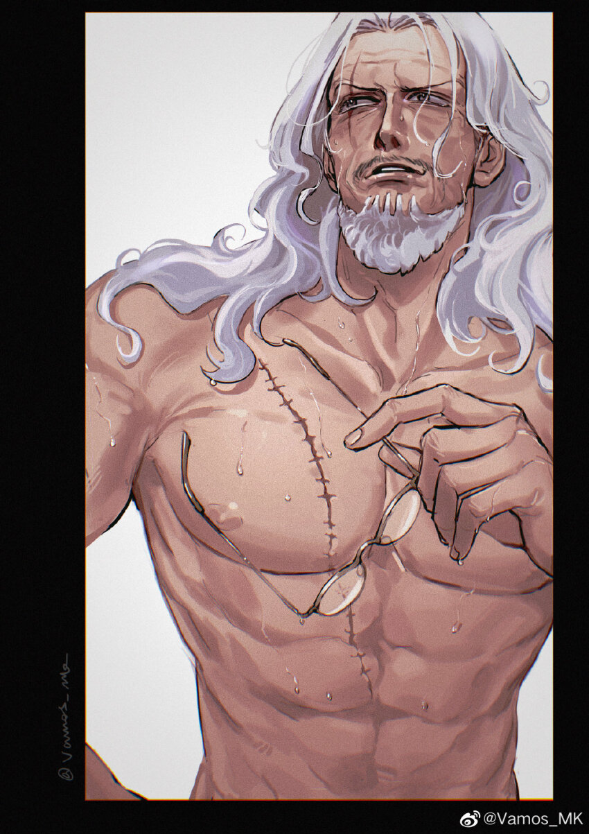 1boy beard black_border border collarbone commentary facial_hair glasses highres holding holding_removed_eyewear male_focus mustache nipples one_piece parted_lips pectorals scar scar_across_eye scar_on_face short_hair silvers_rayleigh solo stitches symbol-only_commentary toned unworn_eyewear vamos_mk wet white_hair