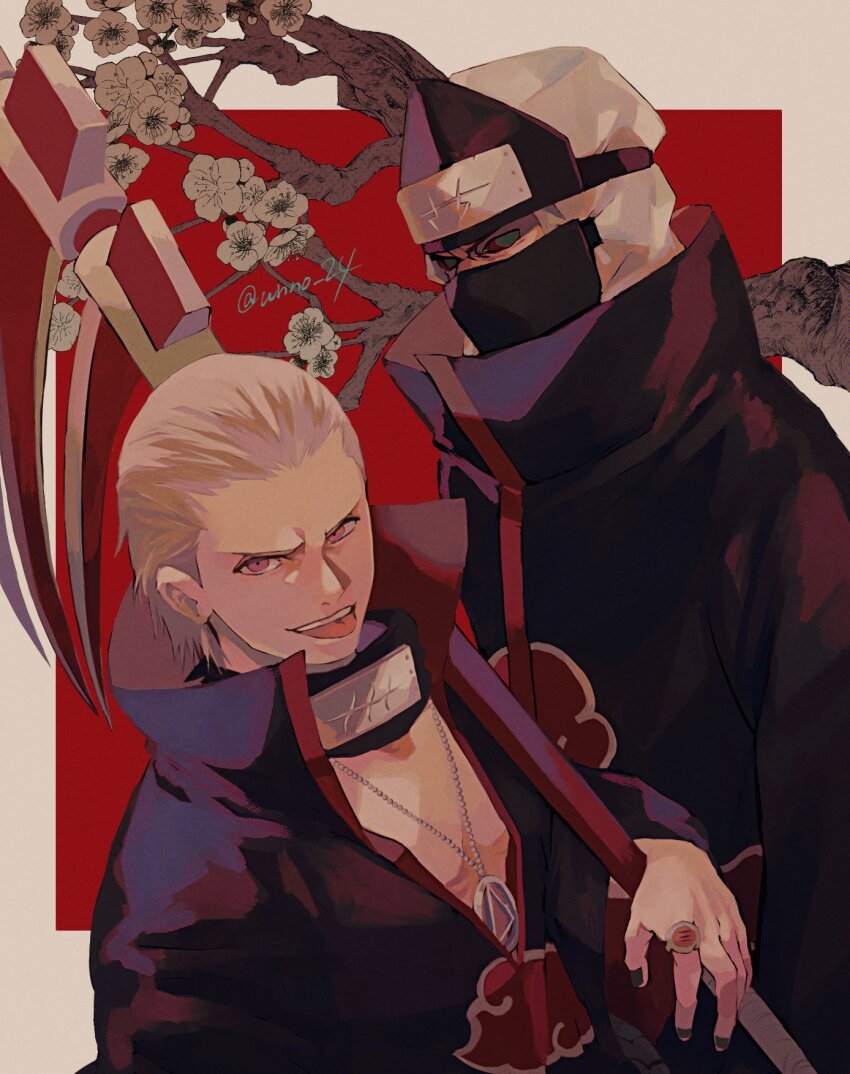2boys artist_name black_robe border character_request cloak forehead_protector hidan_(naruto) highres holding holding_scythe holding_weapon japanese_clothes kakuzu_(naruto) male_focus multiple_boys naruto_(series) robe scythe smile teeth unno_24 upper_body weapon white_border