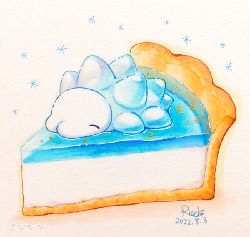 ^_^ artist_name closed_eyes commentary_request dated food gelatin gen_8_pokemon highres nintendo no_humans pie pie_slice pokemon pokemon_(creature) riseko_(ri_se_ko_2) signature simple_background snom snowflakes traditional_media twitter_username white_background