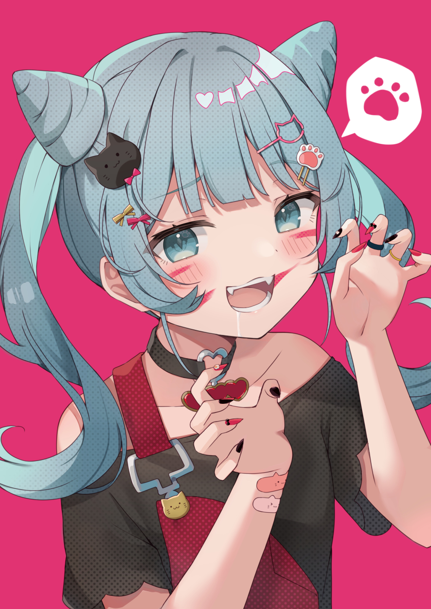 1girl absurdres amai_melo animal animal_(vocaloid) animal_ears animal_hair_ornament aqua_eyes aqua_hair bandaid bandaid_on_arm black_nails black_shirt blush bow cat_hair_ornament choker claw_pose drooling facial_mark fangs fingernails hair_bun hair_ornament hairclip hands_up hatsune_miku heart heart_choker heart_collar heart_o-ring heart_pendant heart_ring_choker highres long_hair looking_at_viewer multicolored_nails o-ring o-ring_choker open_mouth overalls paw_hair_ornament paw_print pink_background red_bow red_nails red_overalls shirt simple_background sleeveless sleeveless_shirt smile solo spoken_object spoken_paw_print twintails upper_body vocaloid whisker_markings yellow_bow