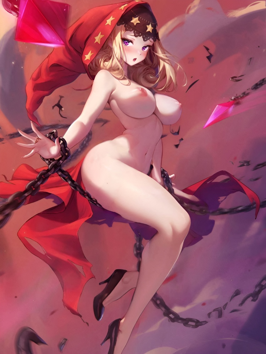 1girl blonde_hair blush breasts chain gypsy highres hood jewelry large_breasts mitsu_(mitsu_art) nipples nude odin_sphere open_mouth purple_eyes red_hood ring sitting solo velvet_(odin_sphere)