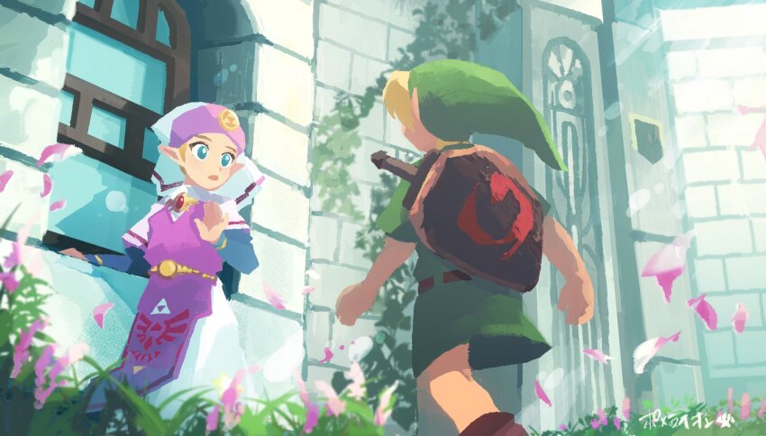 1boy 1girl belt blonde_hair blue_eyes blue_sleeves boots brooch brown_belt brown_footwear child commentary_request deku_shield dress flower green_hat green_tunic hat highres jewelry kokiri_sword link long_dress looking_at_another nintendo open_mouth pink_flower pointy_ears pomeraion princess_zelda purple_dress shield shield_on_back standing sword sword_on_back the_legend_of_zelda the_legend_of_zelda:_ocarina_of_time translation_request tunic two-tone_dress walking weapon weapon_on_back white_dress white_headdress window wooden_shield young_link young_zelda