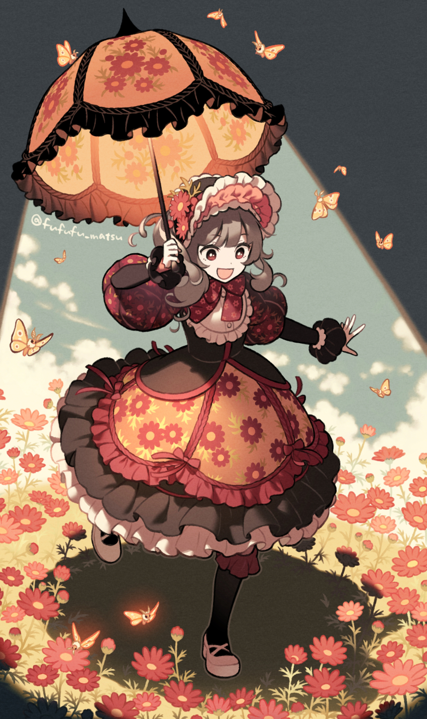 1girl :d absurdres black_dress bonnet brown_eyes brown_hair bud bug cloud commentary_request dress floral_print flower funuyu hat hat_flower highres holding holding_umbrella insect medium_hair moth open_mouth original outstretched_arm puffy_sleeves red_flower shoes smile solo standing standing_on_one_leg twitter_username umbrella white_shoes
