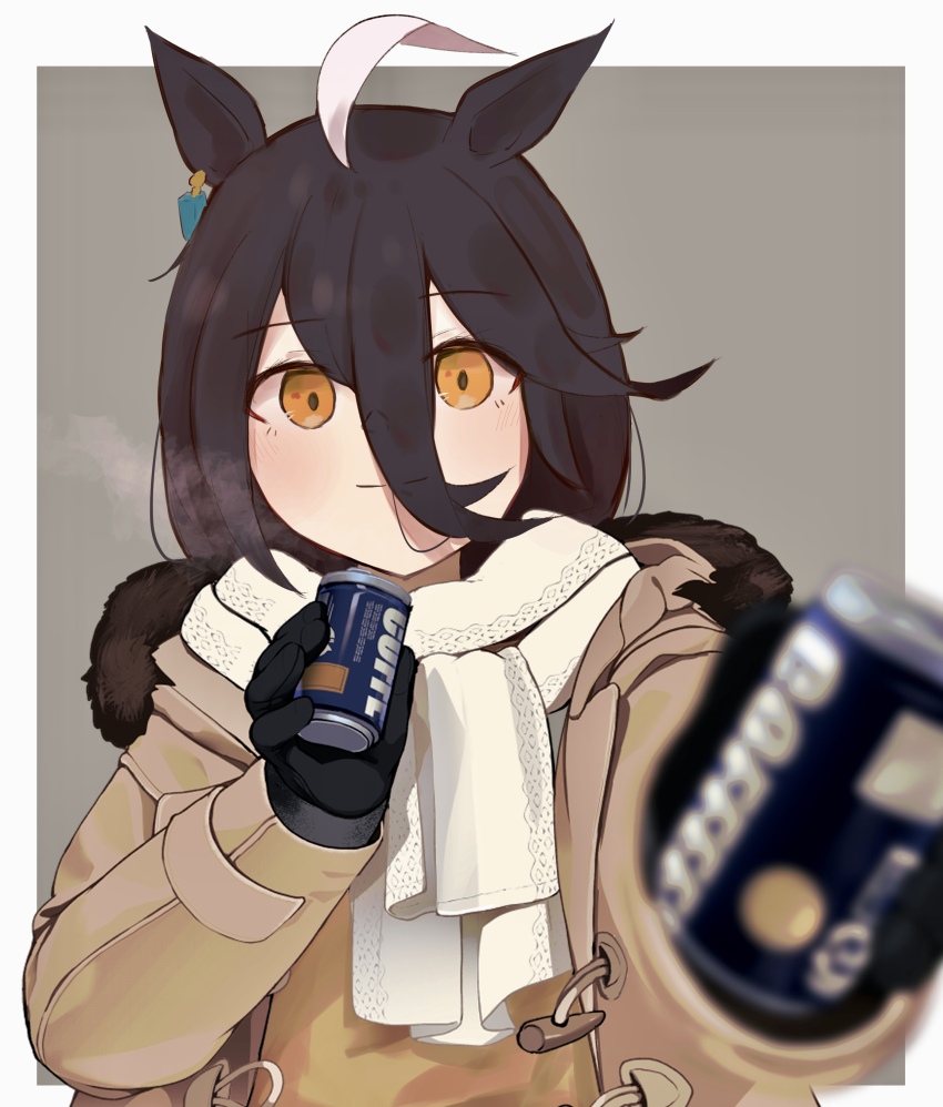 1girl absurdres ahoge animal_ears black_hair blush can canned_coffee coat coffee drink_can ear_ornament ear_tag earrings fog fur-trimmed_hood fur_trim giving hair_between_eyes highres holding hood horse_ears horse_girl izi_dw jewelry long_bangs long_hair long_sleeves looking_at_viewer manhattan_cafe_(umamusume) multicolored_hair scarf sidelocks single_earring solo umamusume white_hair white_scarf winter winter_clothes winter_coat yellow_eyes