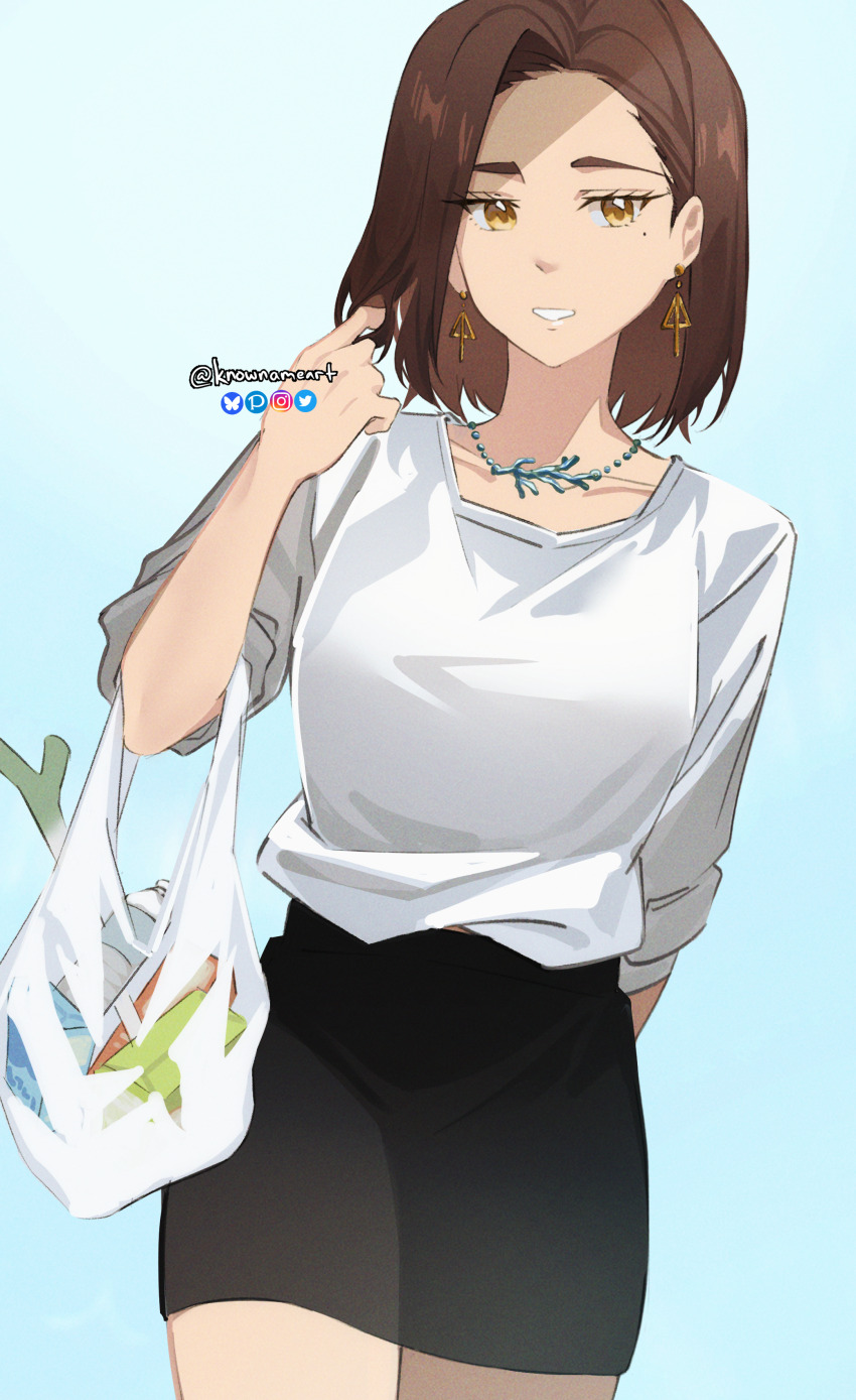 1girl absurdres bag black_skirt blouse blue_background brown_eyes brown_hair commentary_request cowboy_shot earrings gradient_background hand_in_own_hair hand_up highres holding holding_bag jewelry knowname looking_at_viewer mole mole_under_eye necklace shirt shopping_bag short_hair short_sleeves simple_background skirt smile solo tachibana_kotoha twirling_hair twitter_username white_shirt wind_breaker_(nii_satoru)