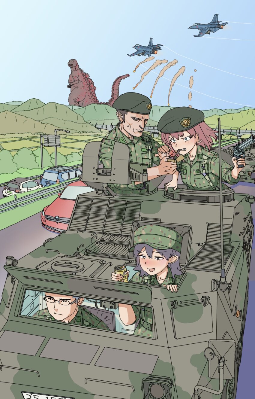 2boys 2girls beer_can can cigar drink_can drunk field_cap fukufaku giant giant_monster godzilla godzilla_(series) godzilla_(shin) gun handgun highres holding holding_lighter japan_self-defense_force kaiju lighter military multiple_boys multiple_girls on_vehicle original revolver sharp_teeth shin_godzilla smoking teeth toho weapon