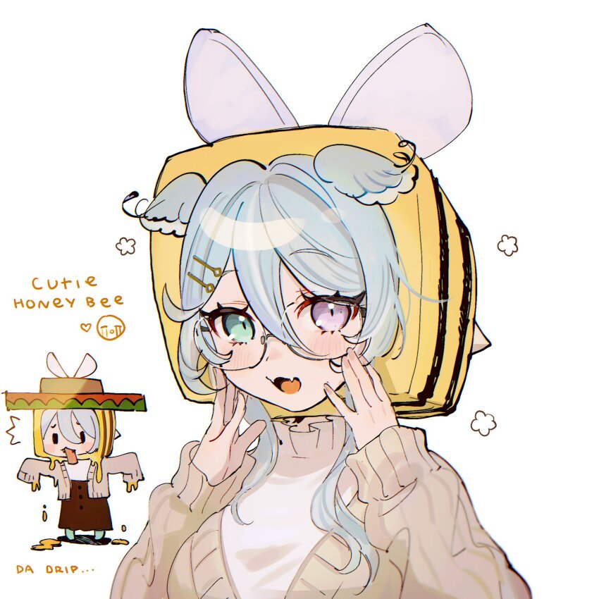 1girl aqua_eyes bee_hat blue_hair blush cardigan chibi chibi_inset elira_pendora elira_pendora_(3rd_costume) english_text fangs hair_between_eyes hands_on_own_cheeks hands_on_own_face head_wings heterochromia highres looking_at_viewer milkuriem nijisanji nijisanji_en purple_eyes simple_background t_t virtual_youtuber white_background wings