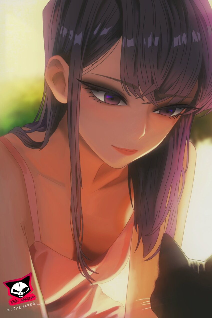 cat dress evening eyelashes hair_between_eyes highres komi-san_wa_komyushou_desu komi_shouko light_rays light_smile long_hair pink_dress pink_lips purple_eyes purple_hair sunbeam sunlight themaker