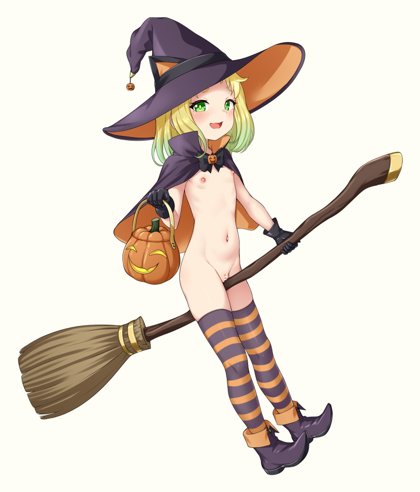 1girl absurdres artist_name bar_censor black_bow black_bowtie black_cape black_gloves black_hat black_shoes blonde_hair blush border bow bowtie bright_pupils broom broom_riding cape censored cleft_of_venus clogs commentary djloops english_commentary flat_chest gloves green_eyes green_pupils hat highres holding holding_pumpkin jack-o&#039;-lantern loli looking_at_viewer medium_hair naked_cape navel nipples nude open_mouth original outside_border pumpkin pussy shoes simple_background solo striped_clothes striped_thighhighs thighhighs white_background white_border witch_hat