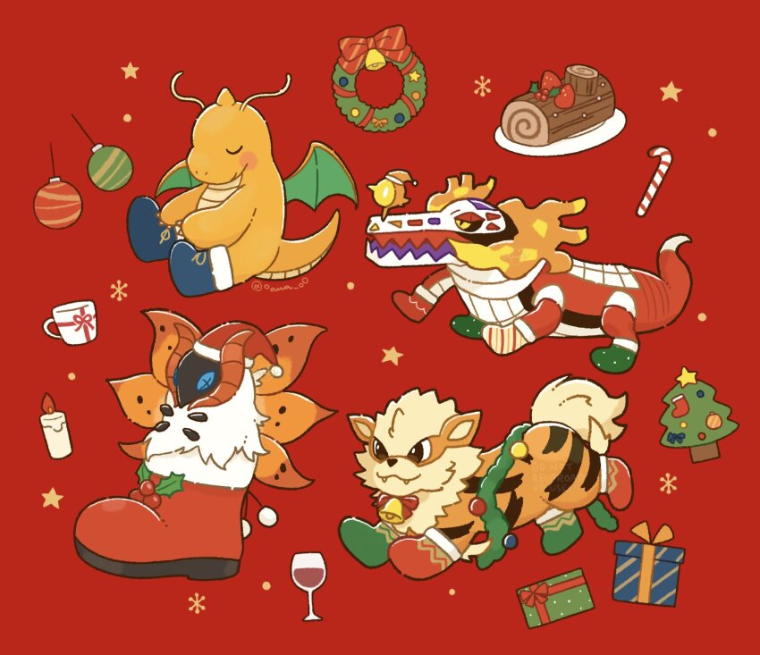 arcanine bell black_sclera brown_eyes cake candy candy_cane christmas christmas_ornaments christmas_wreath closed_eyes colored_sclera commentary_request cup dragon dragonite drinking_glass fangs fire fire_bird_(skeledirge) food gen_1_pokemon gen_5_pokemon gift highres mug nintendo no_humans oawa_oo open_mouth pokemon pokemon_(creature) red_background simple_background sitting skeledirge star_(symbol) volcarona wine_glass wings wreath yellow_eyes