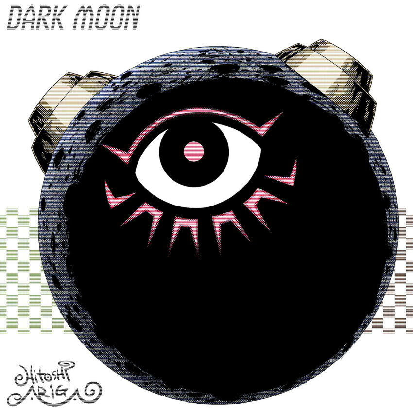 1other ariga_hitoshi artist_name black_eyes character_name checkered_background commentary_request concept_art dark_moon_(mega_man) full_moon gradient_background green_background grey_background highres looking_at_viewer mega_man_(classic) mega_man_(series) mega_man_megamix mega_man_v moon muted_color no_humans one-eyed other_focus red_pupils scanlines signature simple_background white_background